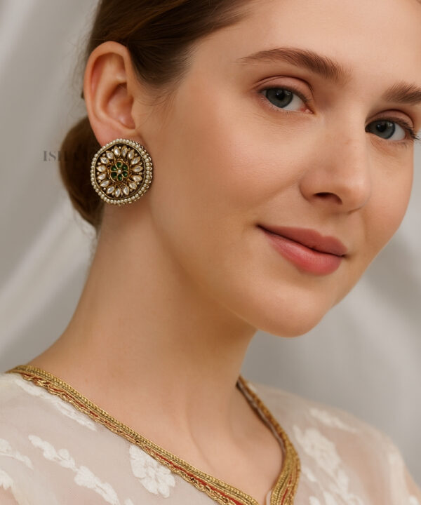 Royal Kundan & Pearl Round Stud Earrings - Image 3