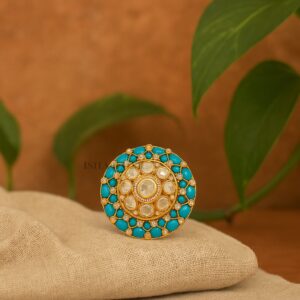 Turquoise Kundan Gold-Plated Adjustable Ring for Women