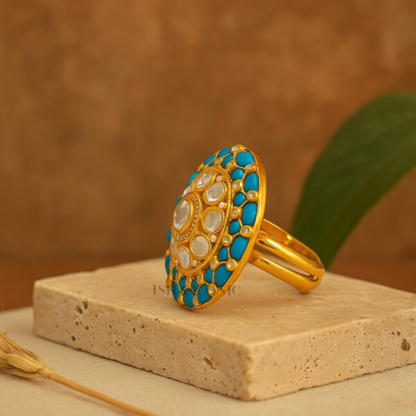 Turquoise Kundan Gold-Plated Adjustable Ring for Women - Image 3