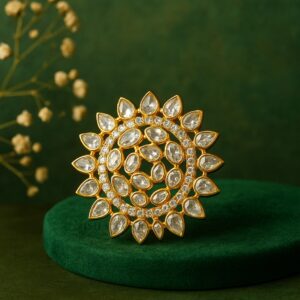 Elegant Gold-Plated Kundan Statement Ring with Sparkling White Stones