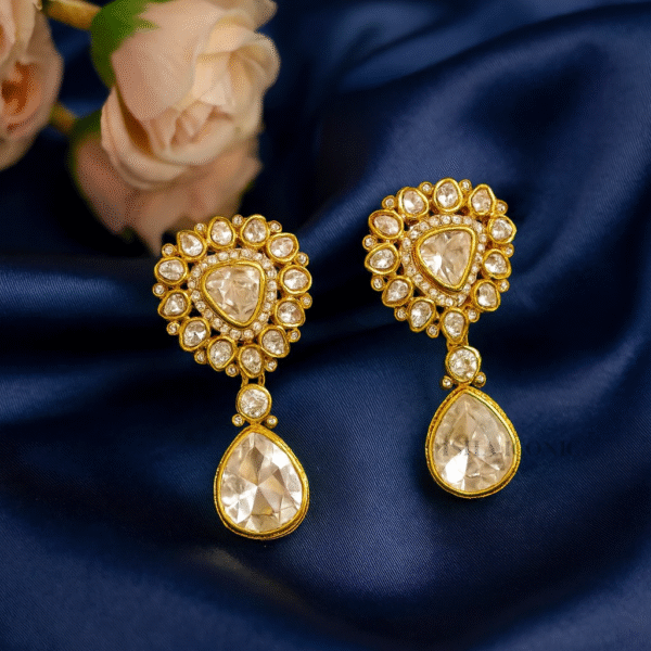 Gold-Plated Kundan Drop Earrings with White Stones