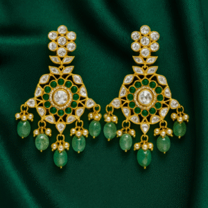 Kundan Earrings with Green Stones, Pearls & White Crystals