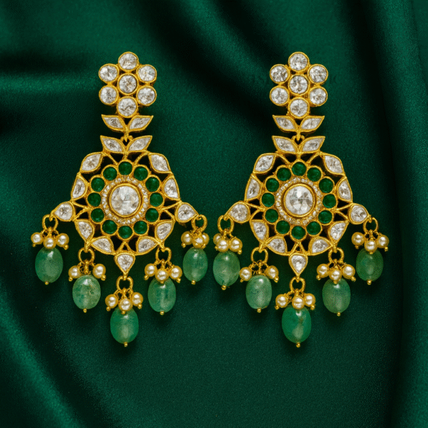 Kundan Earrings with Green Stones, Pearls & White Crystals