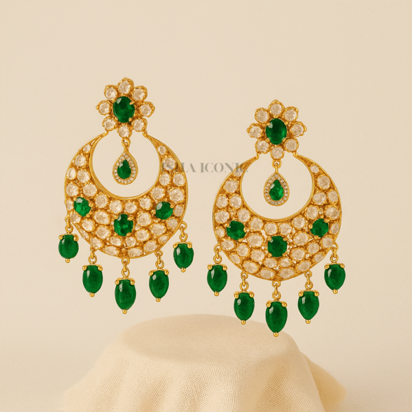 Gold-Plated Green Stone & Kundan Chandbali Earrings - Image 2