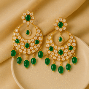 Gold-Plated Green Stone & Kundan Chandbali Earrings