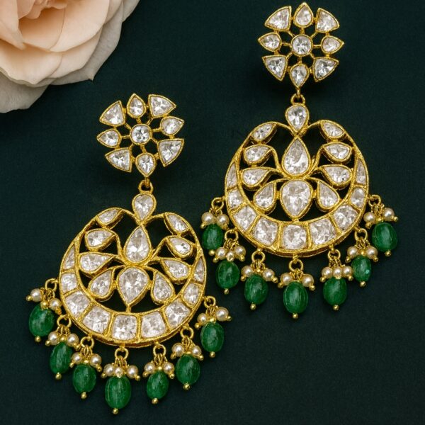 Traditional Kundan Chandelier Earrings with Green Beads & White Stones for Women - Image 2