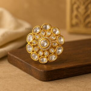 Elegant Gold-Plated Kundan Statement Ring with Polki Stones