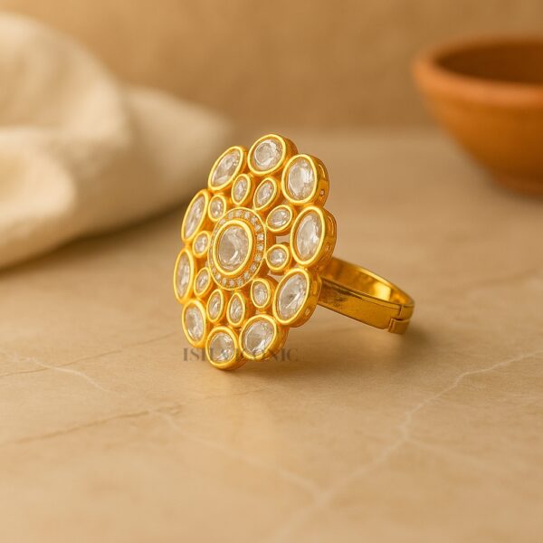 Elegant Gold-Plated Kundan Statement Ring with Polki Stones - Image 3