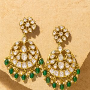 Traditional Kundan Chandelier Earrings with Green Beads & White Stones for Women