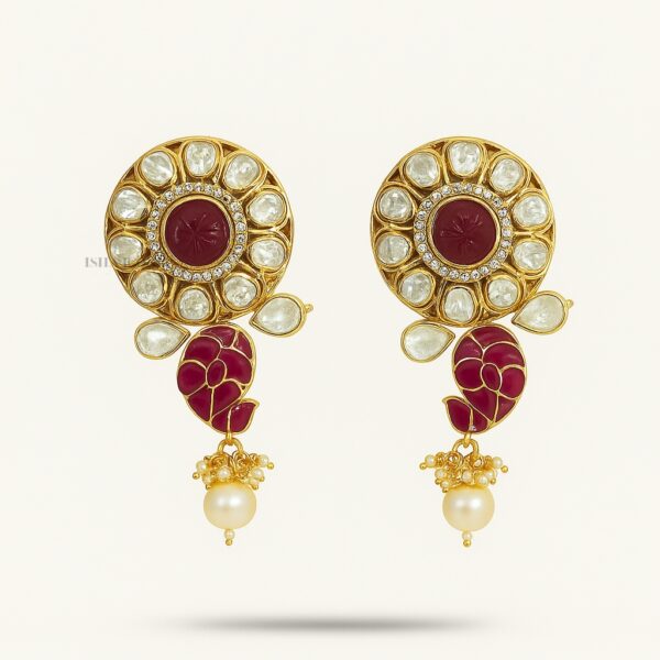 Silver Gold Plated Kundan & Ruby Stone Earrings with Pearl Drop