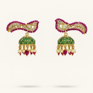 Silver Gold Plated Semi-Precious Stone Jhumka Earrings with Ruby & Green Stone