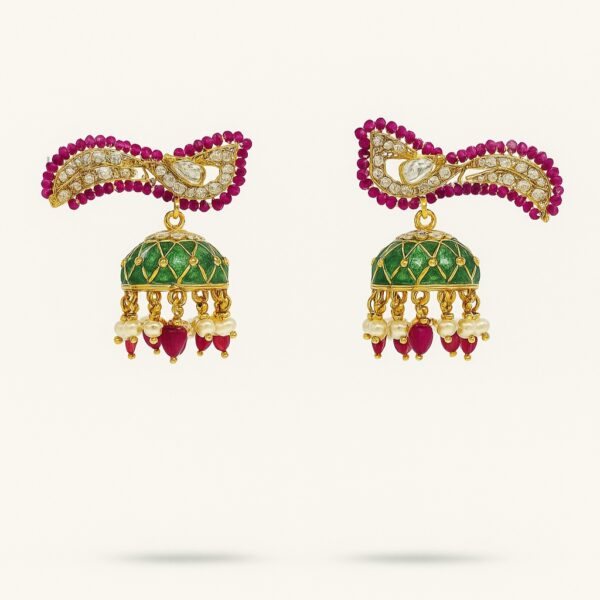 Silver Gold Plated Semi-Precious Stone Jhumka Earrings with Ruby & Green Stone