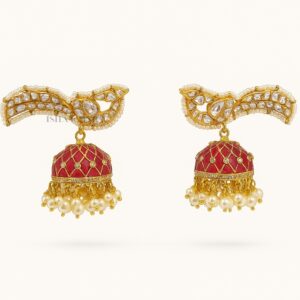 Silver Gold Plated Semi-Precious Stone Red Jhumka Earrings