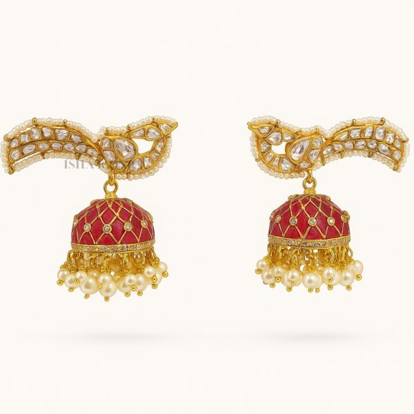 Silver Gold Plated Semi-Precious Stone Red Jhumka Earrings