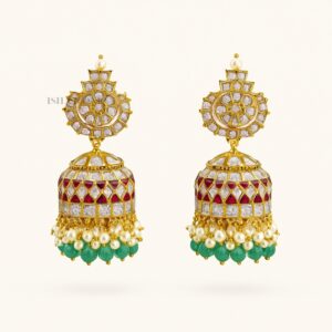 Red and Green Kundan Jhumka Earrings