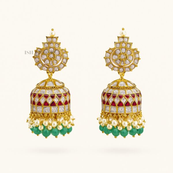 Red and Green Kundan Jhumka Earrings