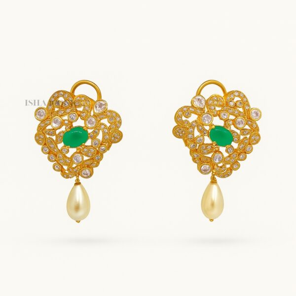 Green Stone and Pearl Drop Earrings