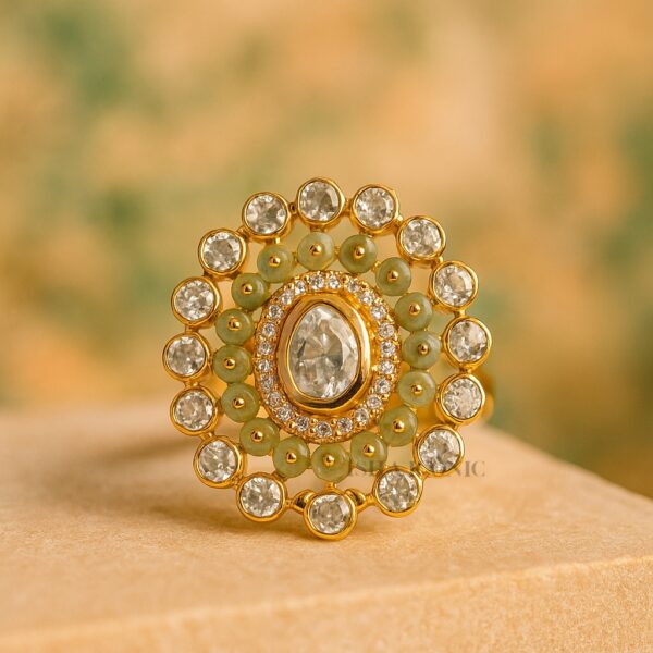 Gold Plated 925 Silver Kundan Polki Statement Ring with Green Beads