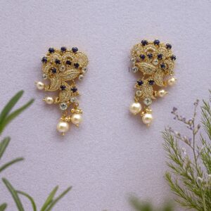 Elegant Gold-Plated Earrings with Blue Stones & Pearls
