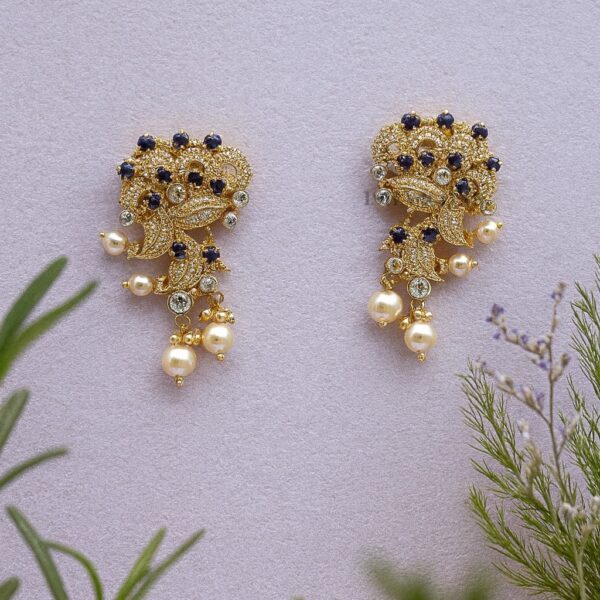 Elegant Gold-Plated Earrings with Blue Stones & Pearls