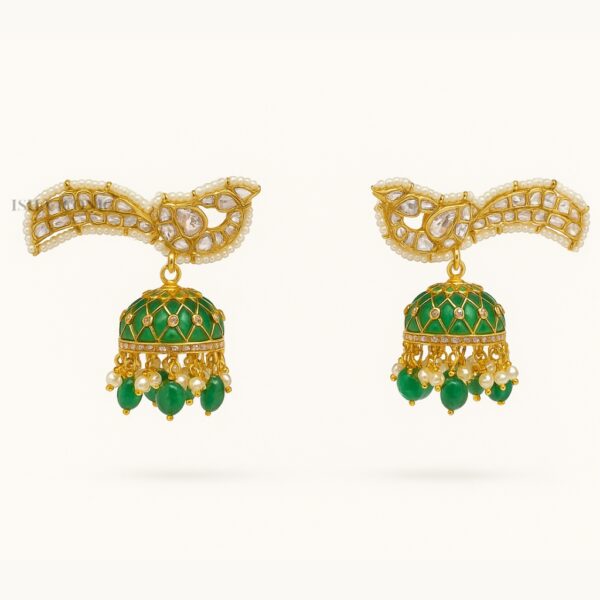 Silver Gold Plated Red Jhumka Earrings with Semi-Precious Stones & Pearl Drops