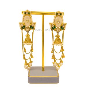 Traditional Kundan Jhumka Earrings with Pearl & Green Stone
