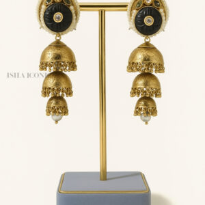 Triple Layer Jhumka Earrings with Black Stone & Pearl Accents