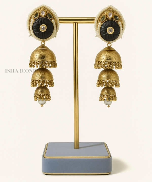 Triple Layer Jhumka Earrings with Black Stone & Pearl Accents