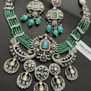 Royal Emerald Beaded Necklace Set with Earrings