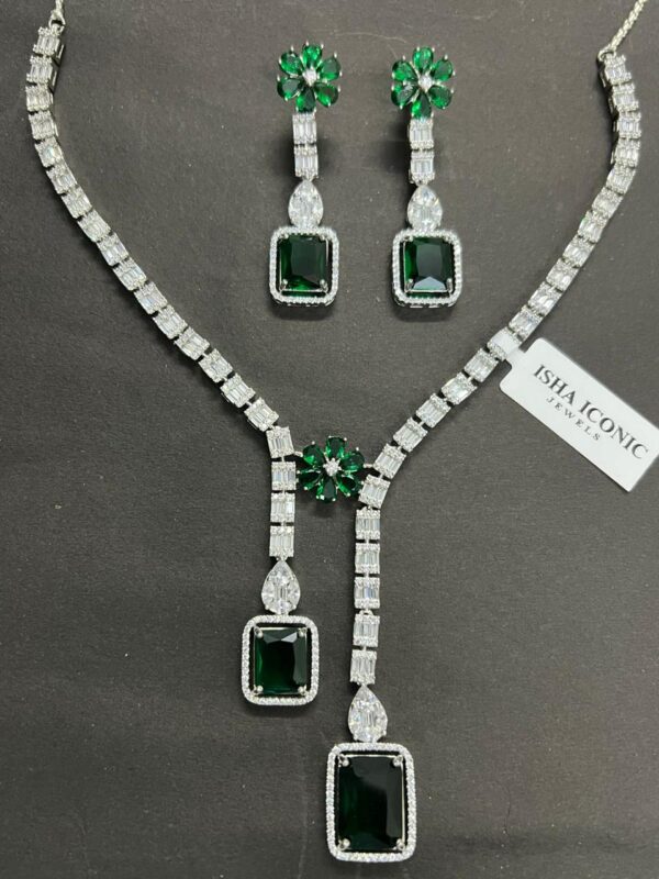 American Diamond & Green Emerald Necklace and Earring Set - Image 3