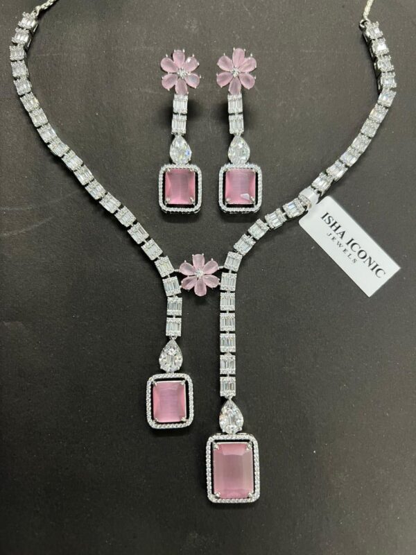 American Diamond Pink Stone Necklace & Earring Set for Women - Image 3