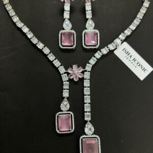 American Diamond Pink Stone Necklace & Earring Set for Women