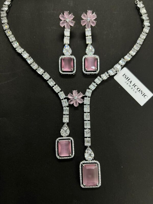 American Diamond Pink Stone Necklace & Earring Set for Women