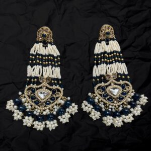 Traditional Kundan Pearl Beaded Chandelier Earrings for Women – Navy Blue Ethnic Indian Wedding Jewelry