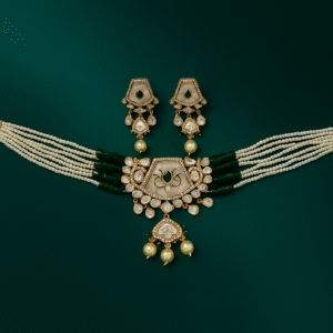 Emerald Green Pearl Kundan Choker Set | Gold-Plated Bridal Jewellery with Earrings | Polki Necklace Set